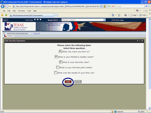 Screen shot of Security Question Selection page
